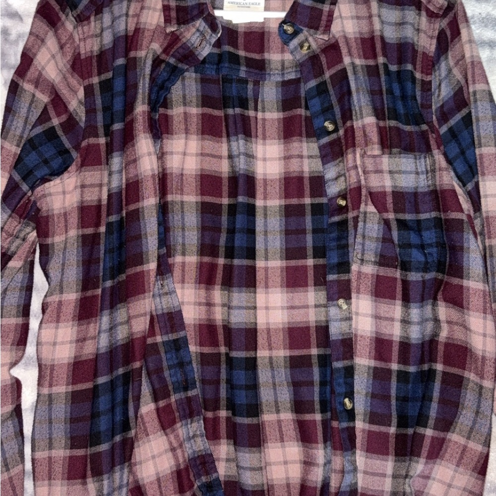 Plaid Button-Up Shirt in Burgundy and Blue